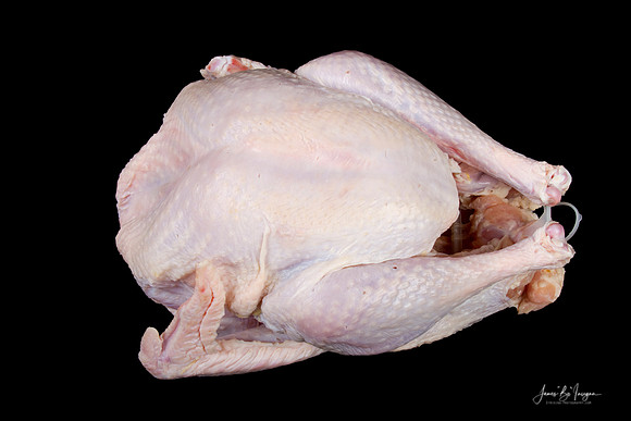 A  close-up view from above of a raw uncooked turkey bird before cooking isolated on a black background.